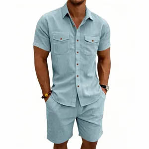 Men casual corduroy short sleeve shirt and shorts set summer two piece outfit beach streetwear