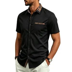 Detail shot of mens short sleeve shirt with contrast plaid collar and pocket for summer business casual wear