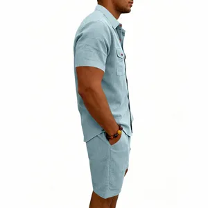 Men summer short sleeve corduroy shirt and shorts set outfit detail view in light blue color