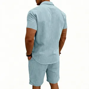 Men summer corduroy short sleeve shirt and shorts set detail, casual light blue outfit.