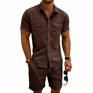 Men's brown corduroy short-sleeve shirt and shorts set with double pockets and buttons.