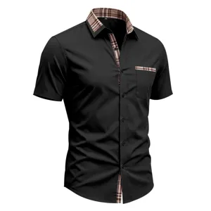 Detail shot of men's short sleeve casual shirt collar and placket check pattern design.