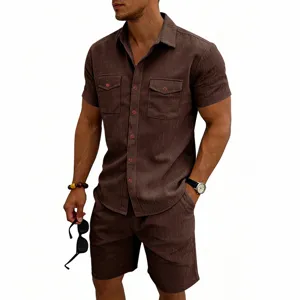 Men's summer corduroy short sleeve shirt and shorts set with utility pockets, brown.