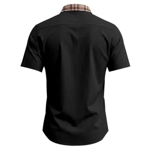 Men casual short sleeve polo shirt contrast plaid collar black summer breathable stretch shirt