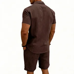 Men's casual corduroy short-sleeve shirt and shorts set, ideal for summer outdoor and daily wear.