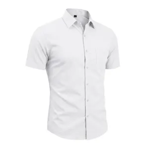 Men's short sleeve business casual solid color lapel shirt detail view with chest pocket