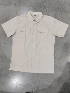 Men's casual short sleeve utility shirt, beige lapel multi-pocket button down shirt detail