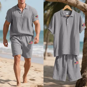 Men's summer casual linen polo shirt and shorts set with flag embroidery beach outfit.