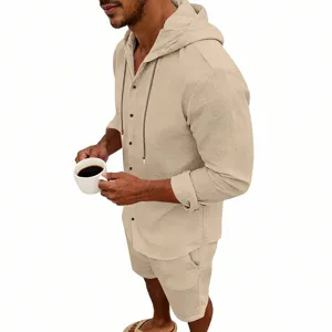 Men summer linen casual loose hooded shirt shorts set, breathable vacation beach wear.