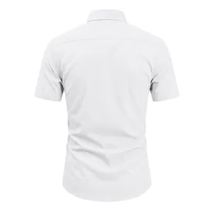 Back view detail of a clean white men's short-sleeve casual business shirt with neat stitching.