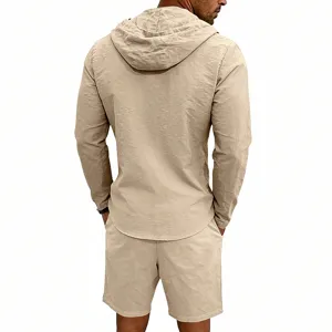 Men summer casual linen hoodie and shorts set long sleeve solid color breathable outfit