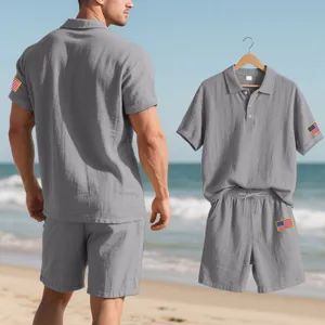 Summer mens linen polo shirt and shorts set with flag embroidery for casual beach wear.