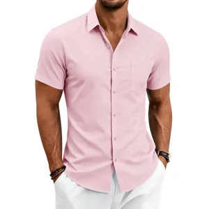 Men's casual short sleeve solid color button down shirt in pink for summer business commute.