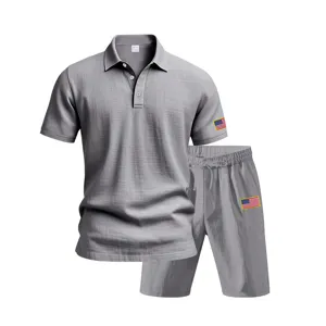 Men's summer casual gray linen polo shirt and shorts set with embroidered flag patch.