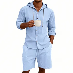 Men casual summer breathable solid color linen hooded shirt and shorts set detail