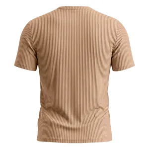 Back view detail of men's casual ribbed short sleeve henley t-shirt in solid beige color.