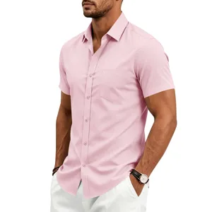 Men's short sleeve business casual solid color shirt detail showing lapel and pocket design.