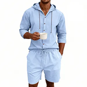 Detailed view of men's casual linen hooded shirt and shorts set in light blue color.