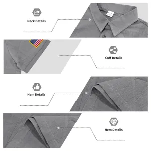 Men linen short sleeve shirt detail view, collar cuff and hem close up stitching design.