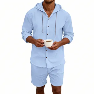 Men linen casual hooded long sleeve shirt and shorts set summer beach streetwear outfit