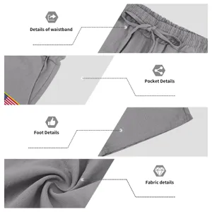 Detailed view of men's casual linen shorts featuring elastic waistband, pockets, and soft fabric.