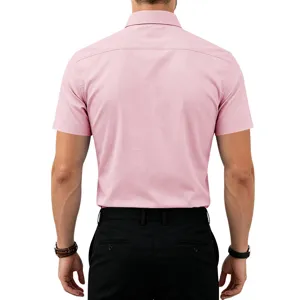 Details of men's short sleeve solid color lapel business casual pink shirt back view.