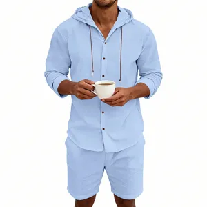 Men's summer linen casual loose breathable long sleeve hooded shirt and shorts set light blue