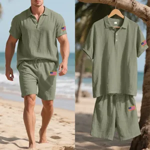 Men's Summer Casual Linen Polo Shirt and Shorts Set with Flag Embroidery Beachwear