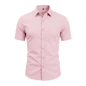 Detailed view of the classic pink men short sleeve business casual shirt collar and buttons.