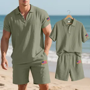 Men summer casual linen polo shirt and shorts set with flag patch beachwear detail view
