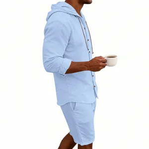 Men's casual linen hooded long sleeve shirt and shorts set for summer vacation and daily wear.