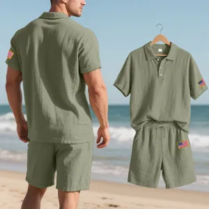 Men's summer linen short sleeve polo shirt and shorts set with flag patch casual beachwear.