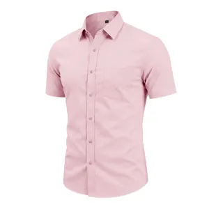 Detailed view of pink short-sleeve shirt showing lapel, chest pocket, and neat stitching details.