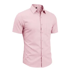 Men's casual short sleeve dress shirt detail view, classic collar solid pink button top.