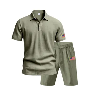 Men's summer casual linen polo shirt and shorts set with US flag embroidery detailing.