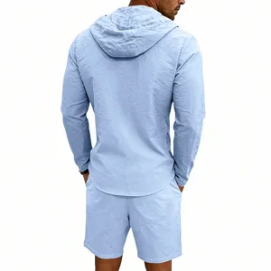 Men summer casual linen long sleeve hoodie and shorts set light blue breathable two piece outfit