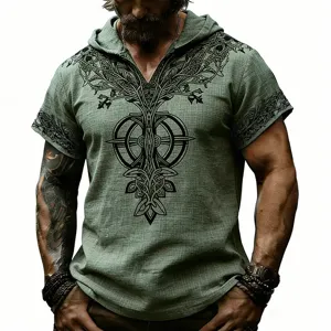 Camiseta de lino con capucha de manga corta para hombre, parte superior gráfica vintage para verano.