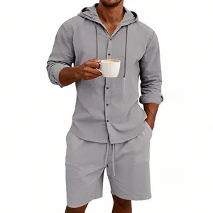 Detailed view of men linen casual hoodie shirt and shorts set, breathable vacation wear.