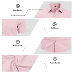 Close-up detail view of the pink men's short-sleeve shirt showcasing collar, cuff and fabric.
