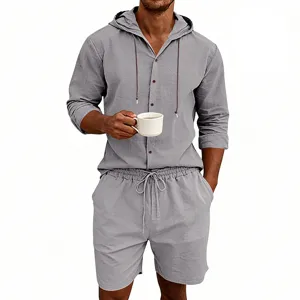 Men's casual linen long sleeve hooded shirt and shorts set for summer vacation and daily wear.
