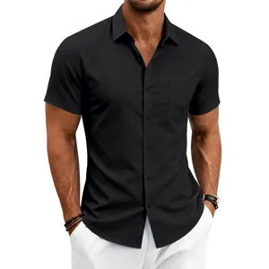 Classic men's black short-sleeve button-down shirt featuring a sharp lapel and chest pocket detail.