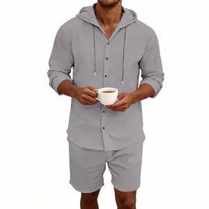 Men casual linen hoodie and shorts set summer breathable long sleeve two piece outfits