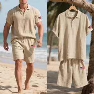 Men's casual linen short sleeve polo shirt and shorts set with flag patch for summer beach wear.