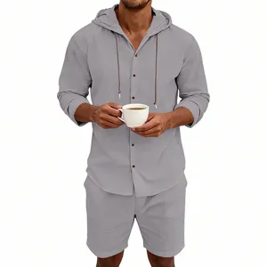 Men grey linen hooded shirt and shorts set details, casual summer beach breathable outfit.