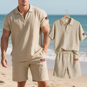 Men's summer casual linen set featuring short sleeve polo shirt and matching shorts.
