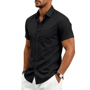 Men's casual short sleeve button down shirt classic black business office summer top