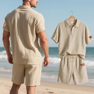 Men's casual linen polo shirt and shorts set featuring US flag patch, beachwear detail view.