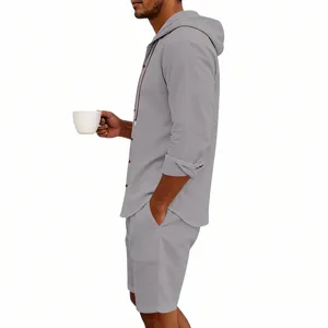 Men casual linen hooded long sleeve shirt and shorts set summer beach outfit grey