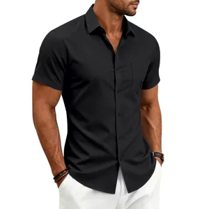 Men's classic solid black short sleeve business casual button down shirt detail view