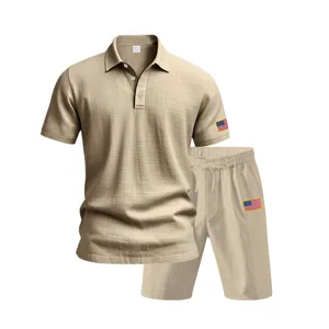 Men's casual summer linen polo shirt and shorts set with detailed flag embroidery design